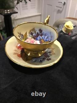 1950's Aynsley signed J. A. Bailey cabbage Rose Bouquet gold cup and saucer