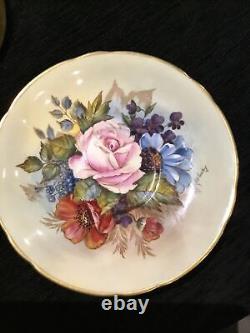 1950's Aynsley signed J. A. Bailey cabbage Rose Bouquet gold cup and saucer