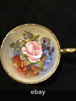 1950's Aynsley signed J. A. Bailey cabbage Rose Bouquet gold cup and saucer