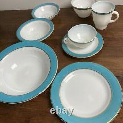 1950s Lot of 53 VTG Pyrex Turquoise & Gold Banded Bowls Plates Cups Saucers WOW