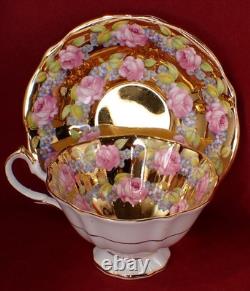 1960's QUEEN ANNE GOLD CUP & SAUCER PINK CABBAGE ROSES SHORE & COGGINS