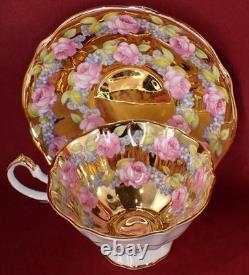 1960's QUEEN ANNE GOLD CUP & SAUCER PINK CABBAGE ROSES SHORE & COGGINS