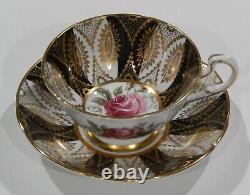 1960s PARAGON DARK PINK ROSE CUP & SAUCER Black Panels and Heavy Gold Filigree
