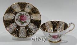 1960s PARAGON DARK PINK ROSE CUP & SAUCER Black Panels and Heavy Gold Filigree