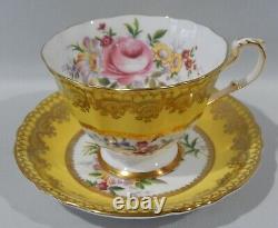 1960s PARAGON LARGE PINK ROSE BOUQUET CUP & SAUCER BUTTER YELLOW & GOLD FILIGREE