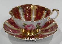 1960s PARAGON PINK ROSE CUP & SAUCER Heavy Gold Filigree on Burgundy Background