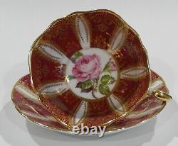 1960s PARAGON PINK ROSE CUP & SAUCER Heavy Gold Filigree on Burgundy Background