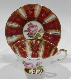 1960s PARAGON PINK ROSE CUP & SAUCER Heavy Gold Filigree on Burgundy Background