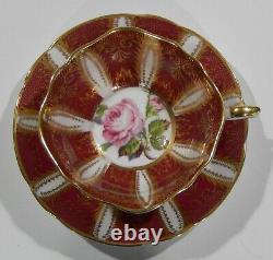 1960s PARAGON PINK ROSE CUP & SAUCER Heavy Gold Filigree on Burgundy Background