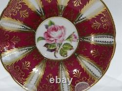 1960s PARAGON PINK ROSE CUP & SAUCER Heavy Gold Filigree on Burgundy Background