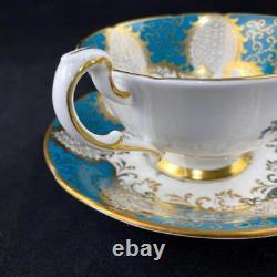 1960s Paragon Fancy CARNATIONS Gold Gilt Filigree Turquoise Cup Saucer GD/H 7