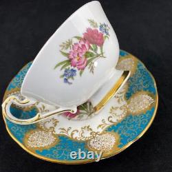 1960s Paragon Fancy CARNATIONS Gold Gilt Filigree Turquoise Cup Saucer GD/H 7