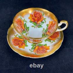 1960s Paragon ORANGE CABBAGE ROSE BROCADE Heavy Gold Cup Saucer ISSUES