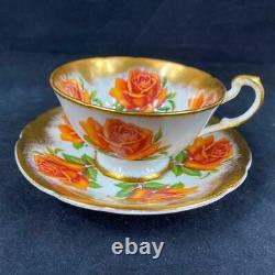 1960s Paragon ORANGE CABBAGE ROSE BROCADE Heavy Gold Cup Saucer ISSUES