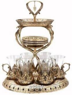 19 Pc Ottoman Style Turkish Tea Set for 6 with Tower Tray Stand (Antique Gold)