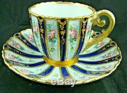 19thC Alexander II Imperial Russian Porcelain Cup & Saucer, Blue, Gold, Roses