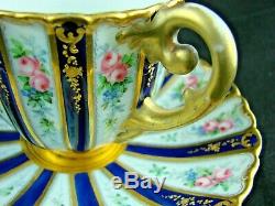 19thC Alexander II Imperial Russian Porcelain Cup & Saucer, Blue, Gold, Roses