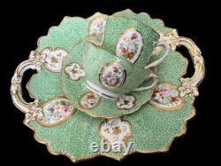 19thC John Ridgway Tea, Coffee Cups & Saucer True Trio Quad Embossed Leaf