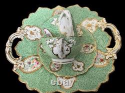 19thC John Ridgway Tea, Coffee Cups & Saucer True Trio Quad Embossed Leaf
