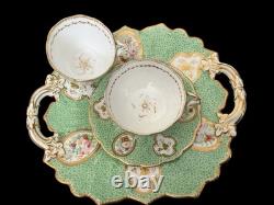 19thC John Ridgway Tea, Coffee Cups & Saucer True Trio Quad Embossed Leaf