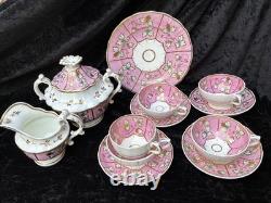 19th C English Porcelain pink gold Hand Painted flowers Cups & Saucers set