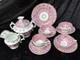 19th C English Porcelain Pink Gold Hand Painted Flowers Cups & Saucers Set