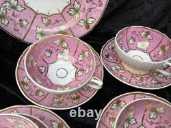 19th C English Porcelain pink gold Hand Painted flowers Cups & Saucers set