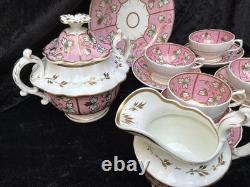 19th C English Porcelain pink gold Hand Painted flowers Cups & Saucers set