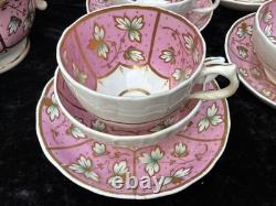 19th C English Porcelain pink gold Hand Painted flowers Cups & Saucers set