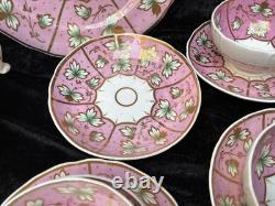19th C English Porcelain pink gold Hand Painted flowers Cups & Saucers set