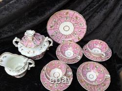 19th C English Porcelain pink gold Hand Painted flowers Cups & Saucers set
