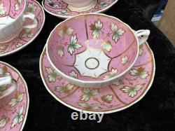 19th C English Porcelain pink gold Hand Painted flowers Cups & Saucers set
