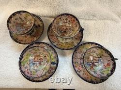 19th Century NIPPON Cobalt Blue, Pink & Gold Porcelain 4 Tea Cups & Saucers