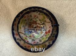 19th Century NIPPON Cobalt Blue, Pink & Gold Porcelain 4 Tea Cups & Saucers