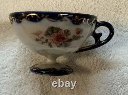 19th Century NIPPON Cobalt Blue, Pink & Gold Porcelain 4 Tea Cups & Saucers