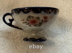 19th Century NIPPON Cobalt Blue, Pink & Gold Porcelain 4 Tea Cups & Saucers