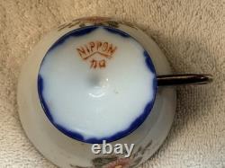 19th Century NIPPON Cobalt Blue, Pink & Gold Porcelain 4 Tea Cups & Saucers