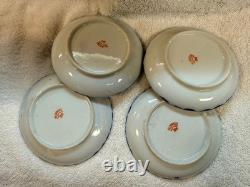 19th Century NIPPON Cobalt Blue, Pink & Gold Porcelain 4 Tea Cups & Saucers