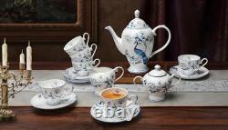 21pc Fine Bone China Tea Set Peacock Design Teapot Cups Saucers Gold Trim