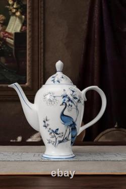 21pc Fine Bone China Tea Set Peacock Design Teapot Cups Saucers Gold Trim