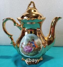22 K GOLD WALDERSHOF BAVARIA COFFEE POT, Creamer & Sugar, Demitasse Cups&Saucers