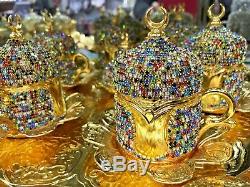 24Pc Turkish Coffee Set Cup Saucer Tray Colourful Crystals Made with Swarovski