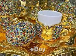 24Pc Turkish Coffee Set Cup Saucer Tray Colourful Crystals Made with Swarovski