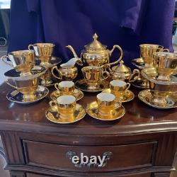 24 Karat Gold Tea Pot with9 Cups/Saucers, 4 Demitasse Cups/Saucers Sugar/Creamer