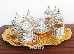 24 Pc Turkish Arabic-Coffee-Espresso-Water Tea Cup-Saucer Swarovski Set -GOLD