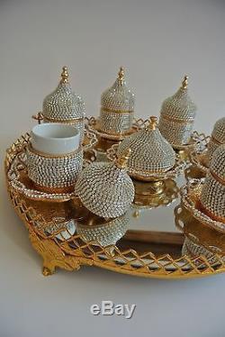 27Pc Turkish Coffee Espresso Cup Saucer Mirror Tray Made with Swarovski Set GOLD