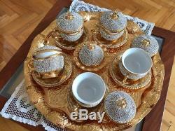 27 Pc Turkish Arabic-Coffee-Espresso-Tea Big Cup-Saucer Swarovski Set -GOLD