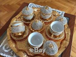 27 Pc Turkish Coffee NESCAFE Cup Saucer Wavy Tray Made with Swarovski Set GOLD