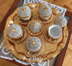 27 Pc Turkish Coffee NESCAFE Cup Saucer Wavy Tray Made with Swarovski Set GOLD
