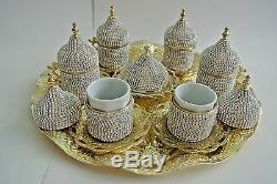 27-Pc-Turkish-Greek-Arabic-Coffee-Espresso-Cup-Saucer Swarovski Set -GOLD